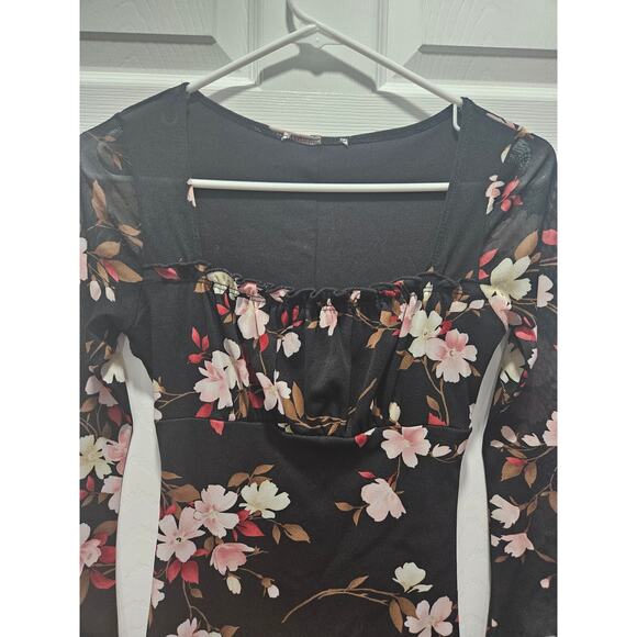 Black Floral Sheer Babydoll Whimsygoth Y2K Mini Dress S Fairy Goth Asian Romance - Picture 2 of 5